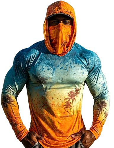 UPF 50+ Hoodie Herren Langarm Rashguard Atmungsaktive UV Shirt mit Kapuze Maske Langarmshirt Sommer Druck Kapuzenshirt Sonnenschutz Schnelltrocknend Funktionsshirt Männer Schutzkleidung S-3XL