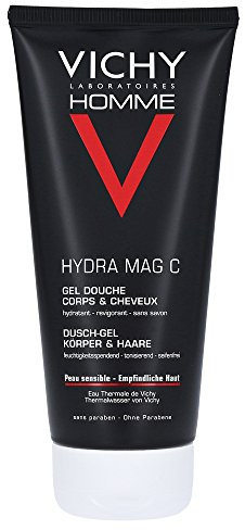 Vichy Homme Hydra Mag C Duschgel Körper und Haare, Belebendes Männer-Duschgel mit Magnesium und Vitamin C, Reinigend, belebend und feuchtigkeitsspendend, Bei empfindlicher Haut, 200 ml