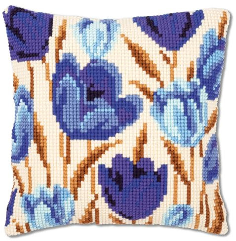 VERVACO Kreuzstich Stickpackungen Kissen Stickerei Set Anfänger Vorgedruckt Blaue Tulpen DIY Set Kreativ Set Für Erwachsene Dekoratives Kissen ca. 40 x 40 cm Bastelset Handwerker Haus Dekoration