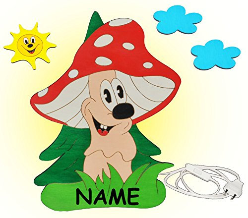 alles-meine.de GmbH Wandlampe aus Holz - Fliegenpilz/Pilz mit Sonne und Wolken incl. Namen - Lampe mit Schalter für Kinder - Kinderzimmer Kinderlampe Wandleuchte mit Stecker / ..