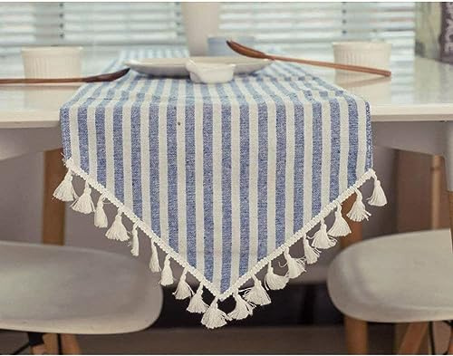 meioro Runner da tavola Tovaglia A Strisce Tovaglie Rettangolare Tablecover in lino Tablecloth nappa a righe Adatto per Interni ed Esterni (Strisce blu/bianche, 30×200cm)