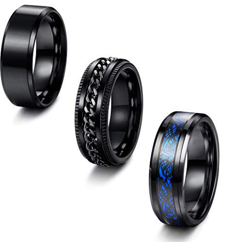 Milacolato 3 Ringe Herren Schwarz Fidget Ring Edelstahl Spinner Ring Cool Gedrehter Kette Anxiety Ring Keltischer Drache Bandring Engagement Ring Eheringe 8mm Breit