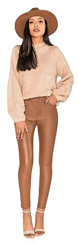 Glook Hochwertige Damenhosen, Glatte Damen Hose, Frauen Kunstlederhose, PU Lederhose Jean (XL, Kamel)
