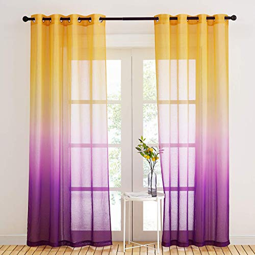 NICETOWN 2er Set Gardinen Wohnzimmer Modern Ösenschal H 245 x B 140 cm Voile Vorhänge mit Farbverlauf Halbtransparent Fenster Vorhang für Wohnzimmer Herbst Dekoration, Gelb+Lila