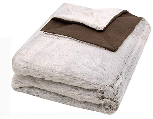 HANHAN Kuscheldecke 160x200 cm, Felloptik, Tagesdecke XXL Wohndecke flauschig, Tagesdecke Langhaar Wendedecke, braun-Natur