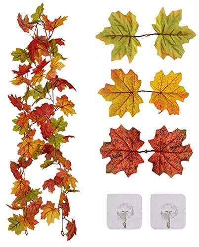 Herbstgirlande mit 72 künstlichen Ahornblättern, 175 cm, mehrfarbig | Biegbare Herbstblätter-Girlande für innen und außen, mit 2 transparenten Klebehaken zum einfachen Aufhängen