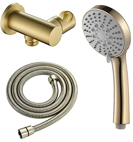 SXLSZ Gebürstetes Gold Duschkopf ABS Handbrause mit 5 Strahlarten, Antikalk Brausekopf Hochdruck Wassersparend Duschbrause Set mit 1.5M Edelstahl Schlauch, Einstellbar Halterung, G1/2