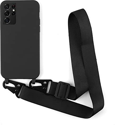 2NDSPRlNG Schutzhülle mit Halskette, kompatibel mit Samsung Galaxy S21 Ultra, Umhängeband aus Seil, Anhänger, Schutzhülle, weiches Silikon, Schwarz