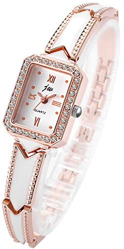 JewelryWe Damenuhr Elegant Analog Quarz Armbanduhr Damen Strass Rechteckig Römische Ziffern Beiläufige Uhr Spangenuhr mit Metall-Armband Rosegold