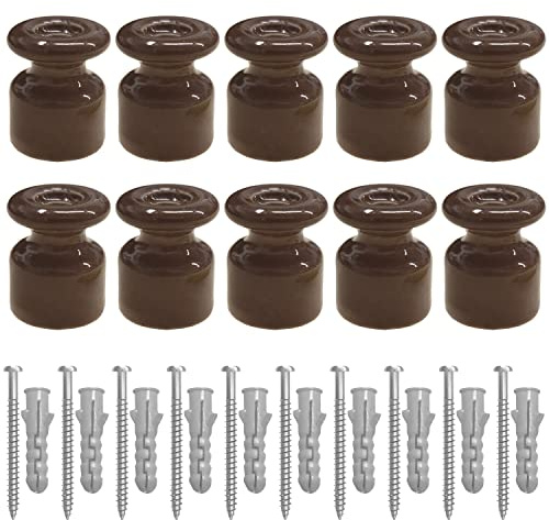 Amarcords - Isolatori per cavi trecciati vintage in porcellana [10 pezzi] - Fermacavo in ceramica con viti e tasselli per installazioni di cavi treccia a parete colore MARRONE