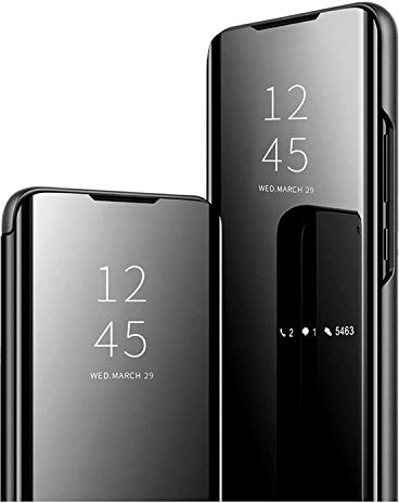 HAOYE Hülle für Xiaomi Redmi Note 12 Pro 5G, Spiegel Smart View Handyhülle PC/PU Premium Leder Flip Case Cover, Stand Mirror Schutzhülle mit Klappbarer Ständer. Schwarz