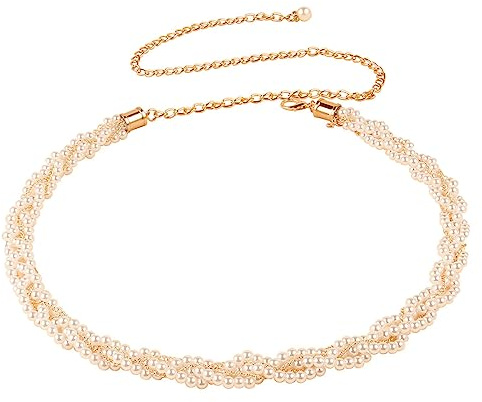 CCAIPU Kettengürtel für Damen, Pfirsichherz-Anhänger, Gürtel, verstellbar, Metall, geflochten, für Kleider, Gold-Perle, 100 cm