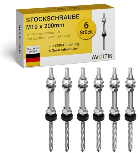Avoltik Stockschrauben Edelstahl M10 x 200 mm ohne Adapterblech I 6 Stück I wetterfeste M10 Stockschrauben mit Dichtung & Sperrzahnmutter
