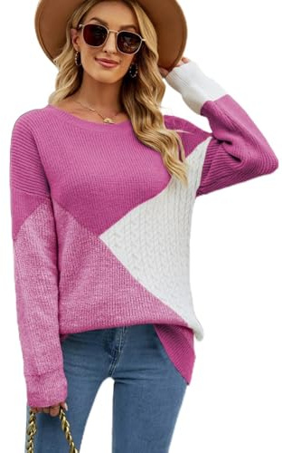 Rayson Maglione Donna Girocollo Blocco del Colore Pullover Elegante Felpa Casual Maglione Manica Lunga Pullover Autunnale Invernali Lavorato a Maglia Moda Tops(Rosa,L)