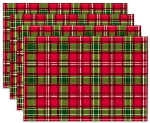 Ohok Weihnachten Tischsets Abwaschbar 4er Set, Polyester Leinen Platzdeckchen 30x45cm, Weihnachten Tischuntersetzer Platzsets für Küche Speisetisch Hotel Weihnachts Tischdeko (Rot-Grün Plaid)