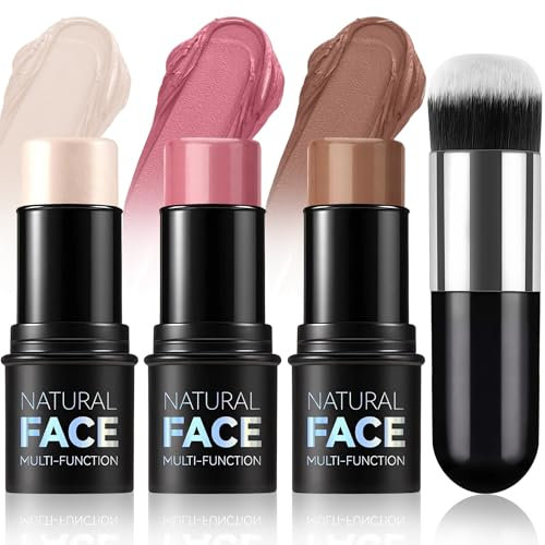 3Pcs Contour Highlighter Blush Sticks, Bronzer Contour Beauty Wand with Brush, Highlighter Cream Blush Stick, Long Lasting Smooth Waterproof Lightweight Multi Stick Face Makeup Set for All Skin