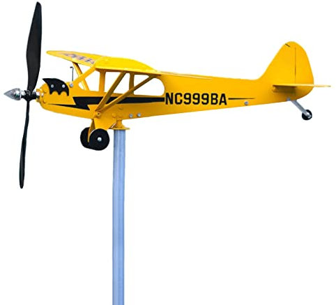 LearnLyrics Rotierende Windfahne, Flugzeug-Anemometer für Piper J3 , Gartenkunstskulptur, Kinetische Kunst, Vintage-Flugzeug-Wetterfahne
