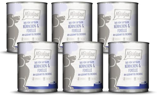 MjAMjAM - Premium Nassfutter für Hunde - DUO von saftigem Hühnchen & Forelle an gedämpfter Zucchini, 6er Pack (6 x 800g), getreidefrei mit extra viel Fleisch