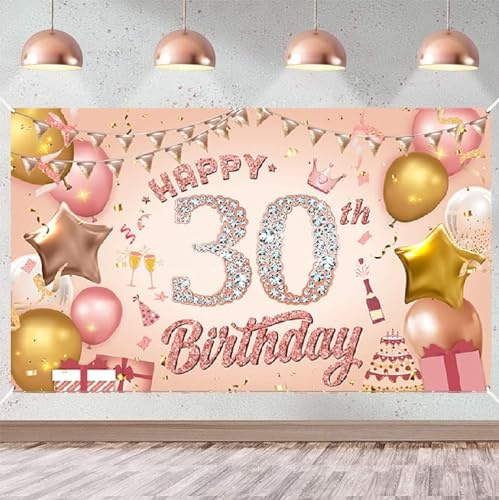 Happy 30th Birthday Banner Rose Gold Geburtstag Party Dekoration Hintergrund, 30 Geburtstag Poster Stoff Banner Fotografie Hintergrund für Mädchen Frauen, 110 x 180 cm (30
