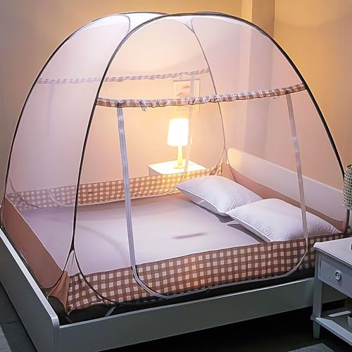 Faltbares Moskitonetz für Doppelbett - Pop-up mit Doppeltür, ideal für Schlafzimmer, Outdoor, Camping und Picknick, Braun (200x180x150 cm)