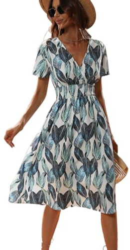 XIVISTO Estivo Vestito Donna Casual con Scollo a V Floreale Abiti Elegante Manica Corta Elastica Vita Alta Boemia Vacanza Abito
