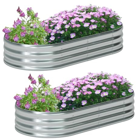 zizin 2 Pack Galvanized Raised Garden Bed Metal Oval Raised Garden Beds Outdoor Planter Box for Vegetables (6x3x1FT, Silver)