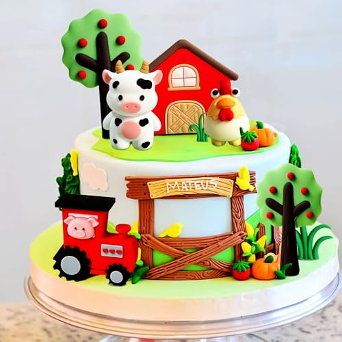 JeVenis Bauernhof Tortendekoration Kuh Tortendeko Bauernhof Tortenaufleger | Bauernhof Tortendekoration Kuh Tortendekoration Bauernhof Tier Tortenaufleger Kuh Schwein Huhn Torte Bauernhof Tier