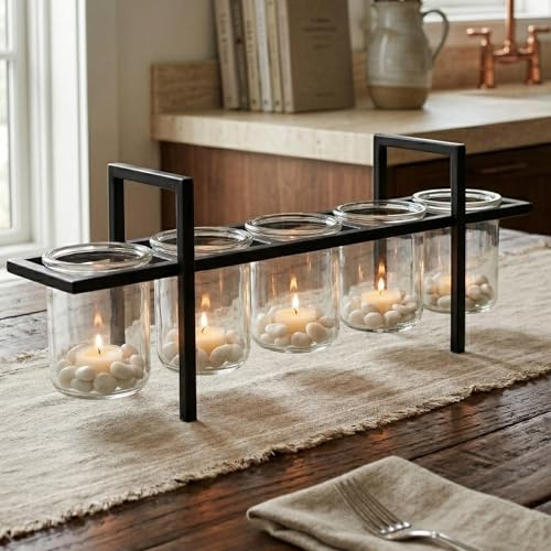 Seraphic 5-Cup Rustic Modern Floating Candle Holder Table Centerpiece Decoration for Dining Room, Kitchen, Patio, Weddings, Metal Iron with Glass Cups, 40cm Long