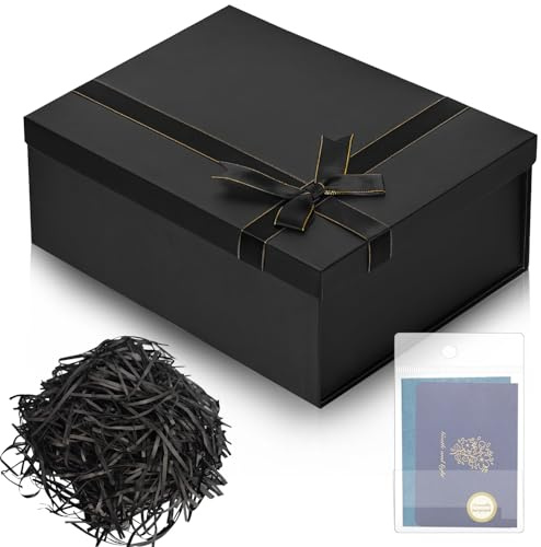 Boîte Cadeau Vide Boîtes Cadeaux Boite Pliable 29x21x10cm avec Bowknot Couvercle Raphia pour Anniversaire Mariage Valentin Thanksgiving Noël Pâques Halloween Emballage (Noir)