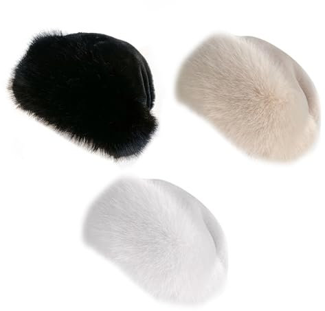 iSpchen 3pcs Fellmütze Damen, Fellmütze Pelzmütze Damen Wintermütze Kunstpelz Fuchspelzmütze Plüsch Baskenmütze Schneemütze Warm Weich Stirnband Hut Flauschige Kappe Faux Fuchs Warm Weich Pelz mütze