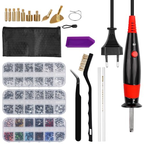 LetCart Heißfixierungsset, Set für Strasssteine mit Thermokleber, selbstklebende Kristalle für Stoffe – 3 Boxen mit Strasssteinen, 9 Einsätze und Metallhalterung für Stoff/Leder