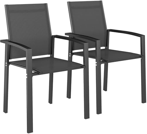 Outsunny Set 2 Sedie da Giardino Impilabili con Braccioli, Sedie per Pranzo da Esterno in Alluminio e Texteline Impermeabile, da Patio, Balcone, Terrazza, Esterno e Interno, 56x58x89cm, Grigio Carbone