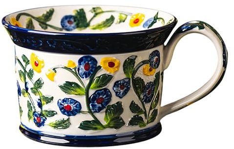 Dowbom Ceramic Soup Mug With Lid, 700ml Small Soup Bowl, Flower partten Coffee Mug Microwave Safe (Blue with Lid)