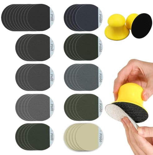 VACUBXBY 50mm Blocco Levigatura Manuale con 55 Dischi Abrasivi, Carta Vetrata Gancio e Anello Grana da 100 240 400 600 800 1000 1500 2000 3000 7000 per Restauro di Mobili in Legno