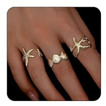 FloralGrace 3-delad karat guld skalringar, ringset guld, sjöstjärna, delikat skal våg finger stapelbara uttalande ringar, sommarsmycken för kvinnor och flickor