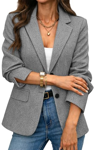 ELLEVEN Womens Business Casual Herringbone Tweed Blazers 2 Button Jackets Slim Fit Lightweight Long Sleeve Suit Work Office Blazer with Pockets Dressy Trendy Outfits Fall Winter Grey X-Large
