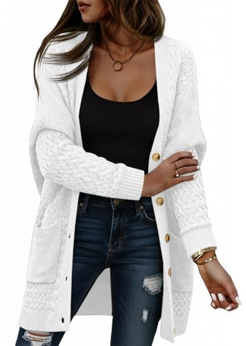 Saodimallsu Chaqueta de punto para mujer, manga larga, cuello en V, cuello en V, con botones, suelto, grueso, informal, elegante, abrigo de punto con bolsillos, Blanco, L
