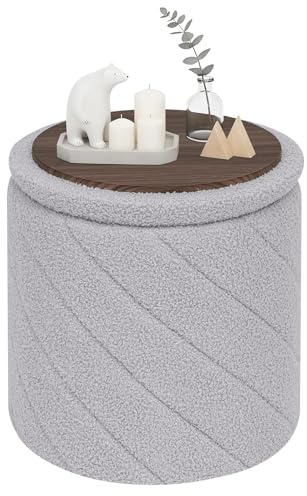 PINPLUS Runder Sitzhocker mit Stauraum, Teddy-Fleece, 33x33x35 cm, Grau | gepolsterter Hocker mit Deckel, klappbar, Fußhocker, Couchtisch, platzsparend, für Wohnzimmer, Schlafzimmer, Schminktisch