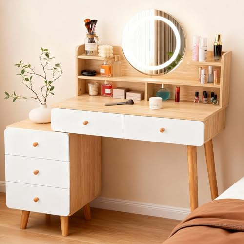Sminkbord med LED-spegel, sminkbord med 5 lådor och 6 förvaringshyllor, 40 x 80 x 134 cm, sminkbord med expanderbar förvaring, modern trästil, vitt