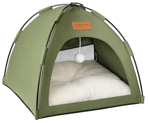 Cat Tent Cave Open Top Pet Kitten Tent Foldable Teepee with Removable Bed Mat for Small Dogs Cozy Monitoring Bed Portable Breathable House Bed Indoor Outdoor Travel (Green, 50 * 50 * 46cm)