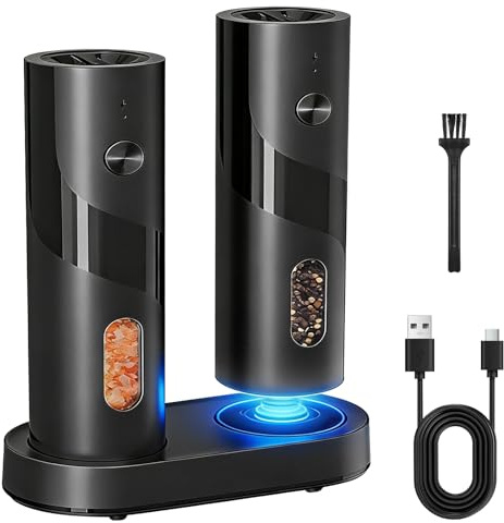 Set di 2 macinini per sale e pepe, 110 ml, con base ricaricabile, 4 livelli di intensità regolabile, ricarica USB, luce LED, per spezie secche, cucina, barbecue