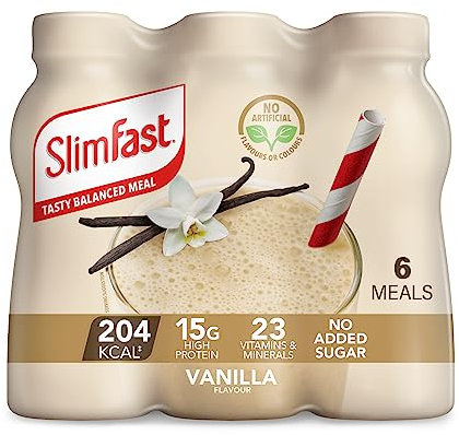 SlimFast Ready To Drink Shake, Meal Replacement Shakes for Weight Loss and Balanced Diet, High Protein, Vitamins and Minerals, No Added Sugar, Vanilla Flavour, 6 x 325 ml, Packaging May Vary