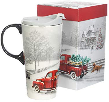 Topadorn Ceramic Travel Mug for Coffee or Tea Sealed Lid 17 oz.with Gift Box,Red Car