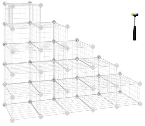 SONGMICS Shoe Rack, Modular DIY Storage Unit Metal Wire Grid, Interlocking Shoe Organiser for Closet Hallway Bedroom, Includes Rubber Mallet and Anti-Tipping Straps, White LPI44WS
