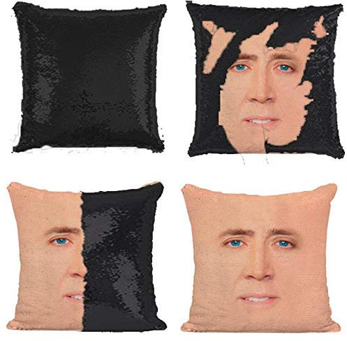 Plenty Dreams Nicolas Cage Face Reversible Sequin Cushion Cover Pillowcase A Magic Nick Cage Pillowcover Gift For Christmas and HoneyMoon (Black)