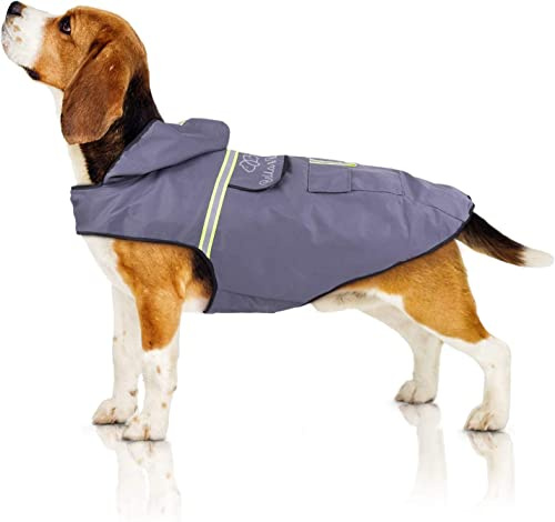 Bella & Balu Impermeabile Cane - Cappotto impermeabile per cani con cappuccio e catarifrangenti per protezione dal freddo, pioggia e neve in inverno e in vacanza. (M, Grigio)