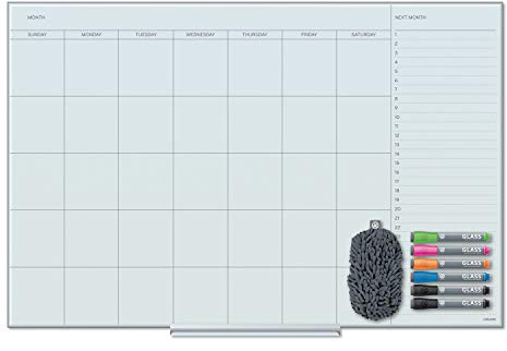 U Brands 3967U0001 Floating Glass Dry Erase Undated One Month Calendar, 36 x 24, White