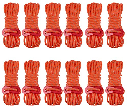 Azarxis Reflective Tent Guide Rope Lightweight Guy Line Cord with Aluminum Adjuster Tensioner for Camping Hiking Backpacking - Essential Survival Gear 13 ft per piece (Orange - 4mm - 12 Pack)