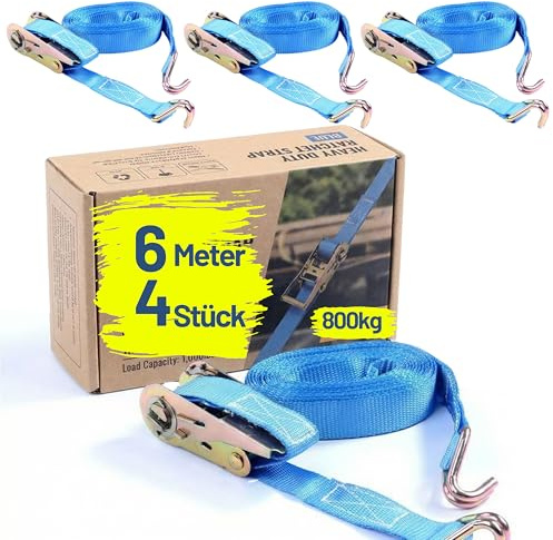 4X Spanngurt mit Ratsche und Haken 6 m bis 800 kg / 800 daN, zweiteilig 2-TLG Ratschengurt blau, 25 mm Gurtbreite Zurrgurt