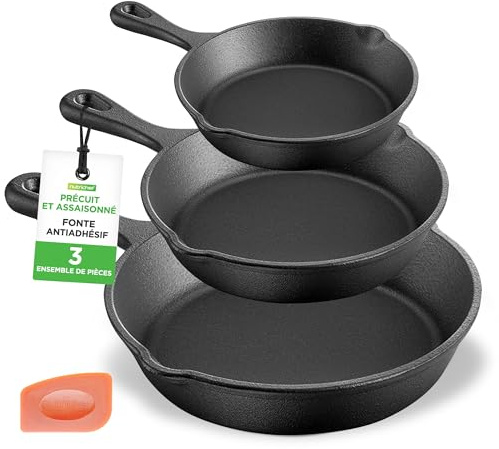 NutriChef Pre-Seasoned Cast Iron Skillet Pans - 3 Pieces Kitchen Frying Pan Nonstick Cookware Set w/Drip Spout - Includes Scraper - Electric Stovetop, Induction, Gas Range, Ceramic